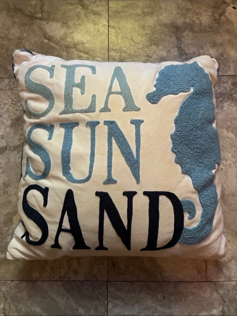 Coastal 'SEA SUN SAND' Decorative Pillow in Light Blue and Navy